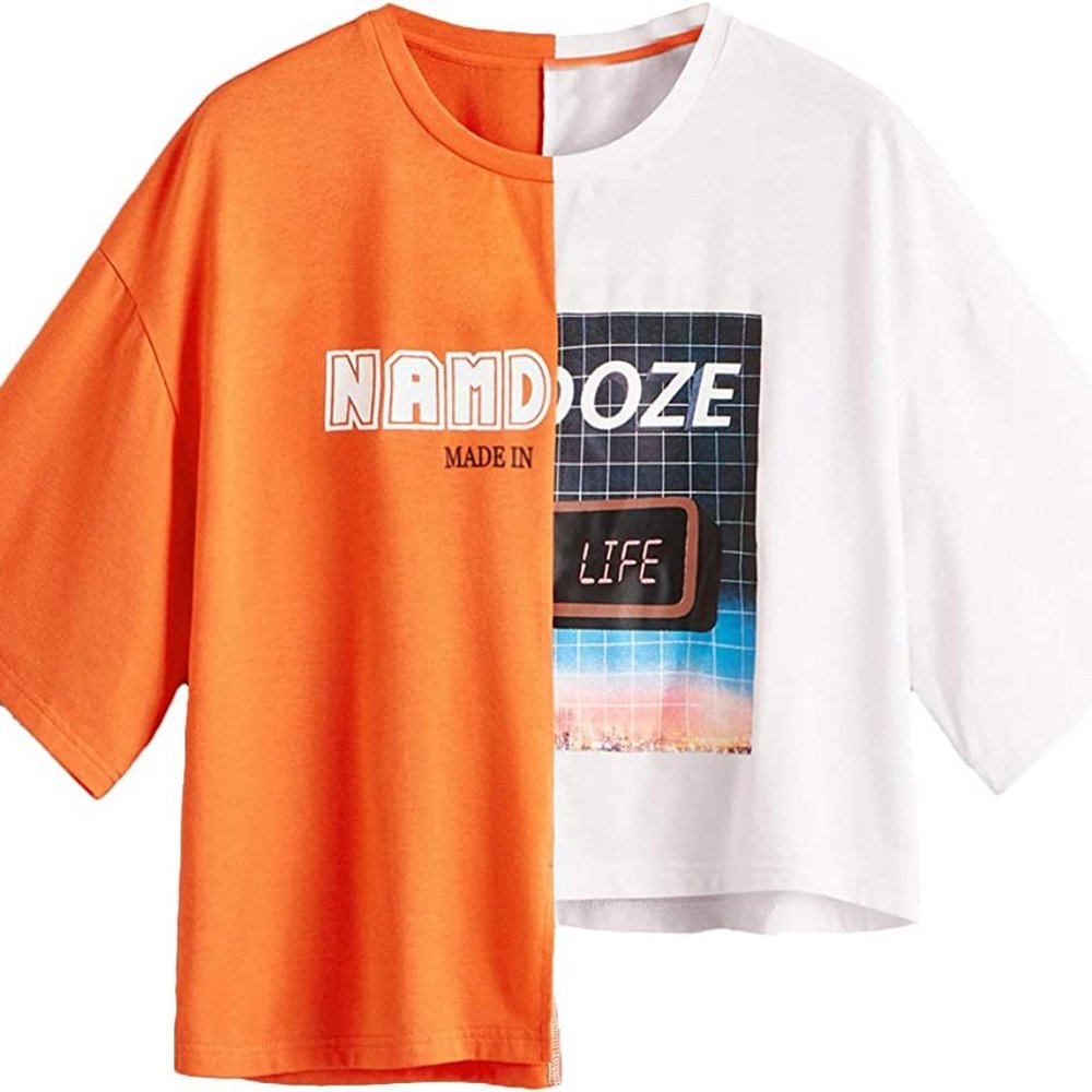SHEIN Orange White EZwear Color Block Asymmetrical Graphic Shirt Women’s Size S